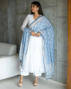 Angrakha suit in white with elegant Kota Doria texture