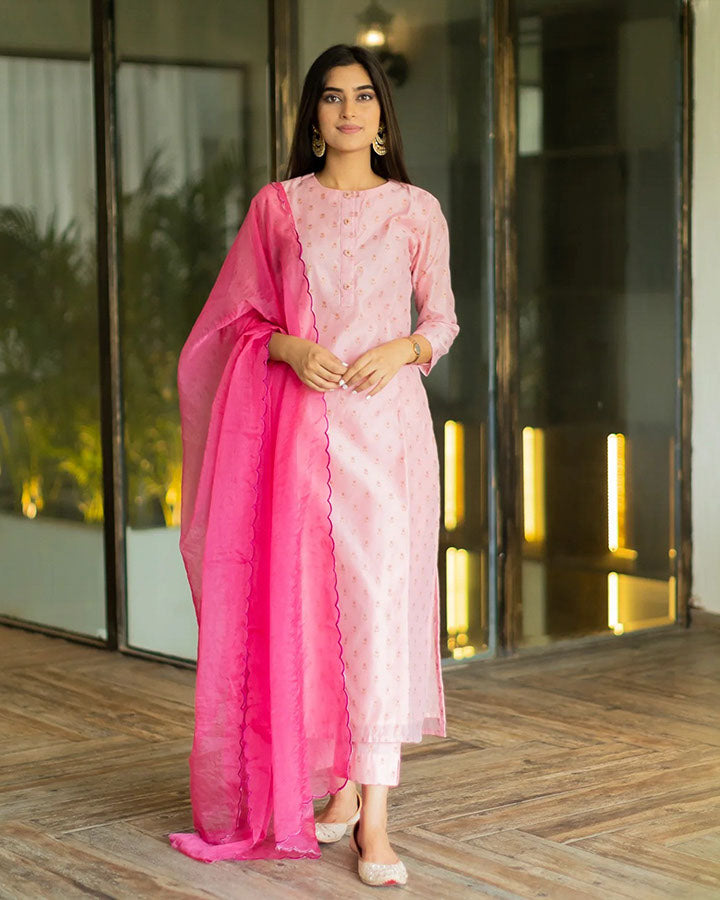 Pink Printed Chanderi Suit Set
