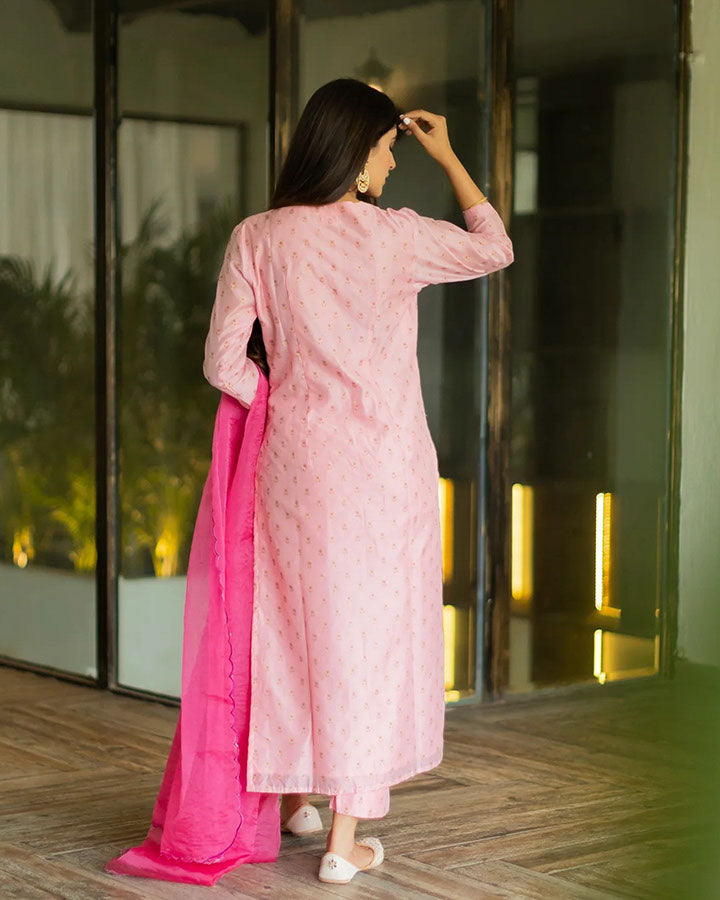 Pink Printed Chanderi Suit Set