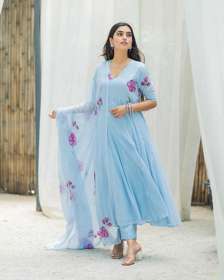 Blue Floral Handpainted Suit Set