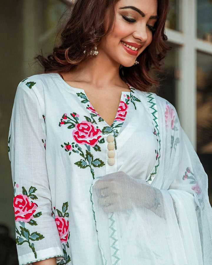 Red Rose Block Print Suit Set