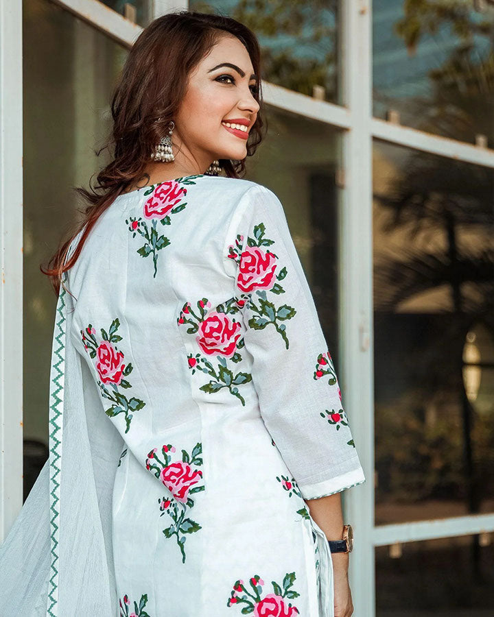Red Rose Block Print Suit Set