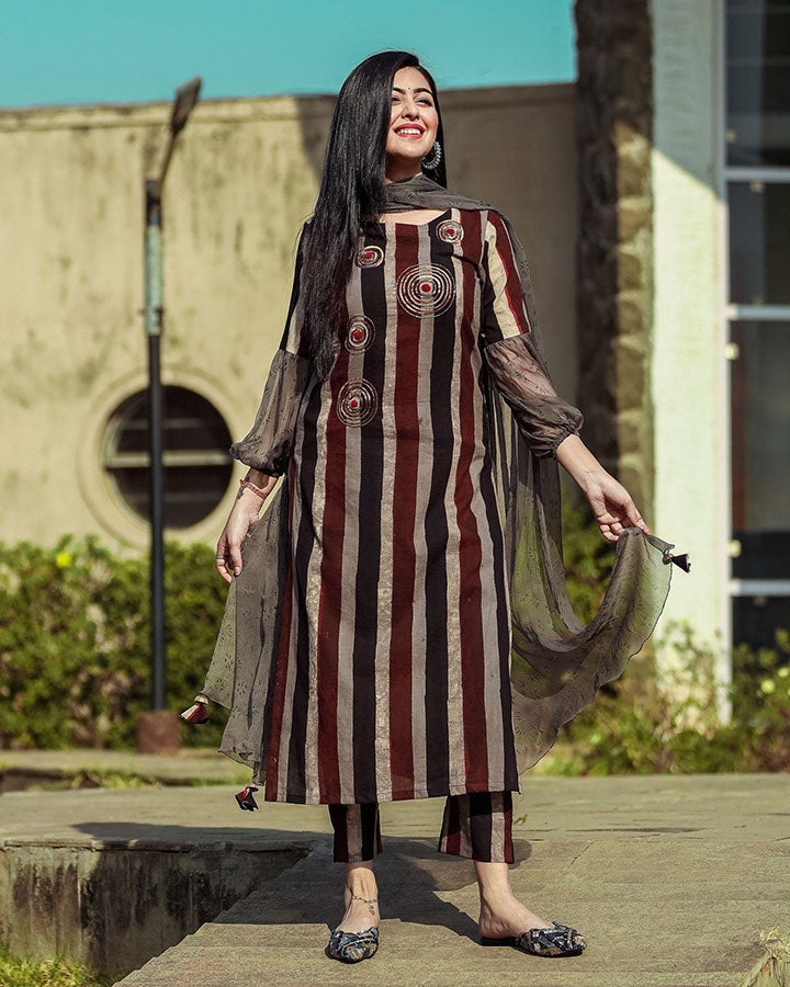 Brown Stripe Embroidered Suit Set