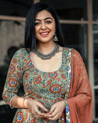 Trendy brown cotton suit with intricate floral motifs