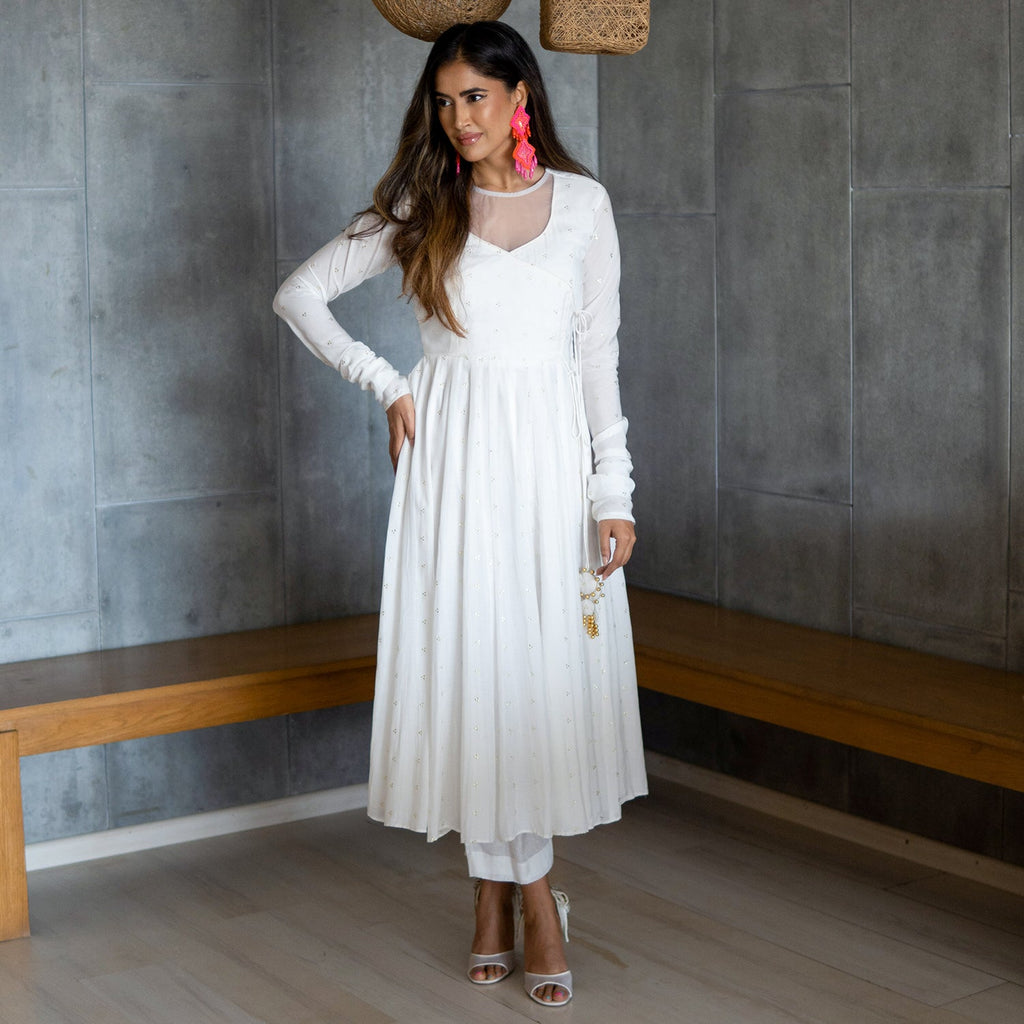 White Mughal Aangrakha Kurta Set